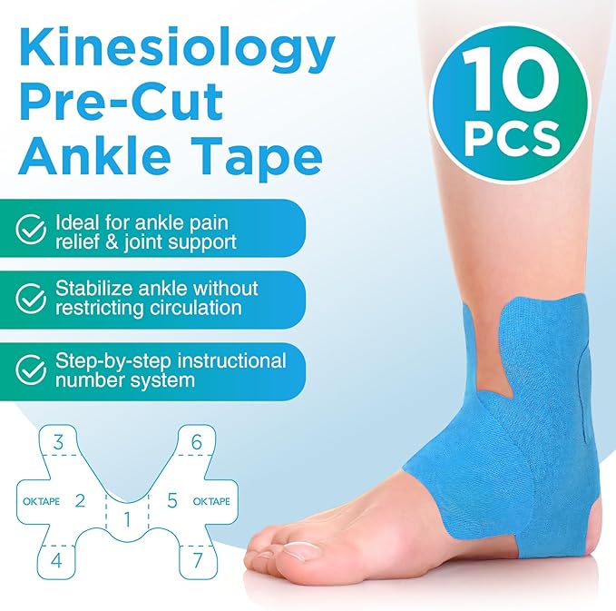 OK TAPE Precut Kinesiology Ankle Tape, 10 Pcs, Pain Relief, Prevent Ankle Sprain, Provide Support for Ankle Ligament, Elastic Athletic Tape, Breathable K Tape for Daily use - Blue