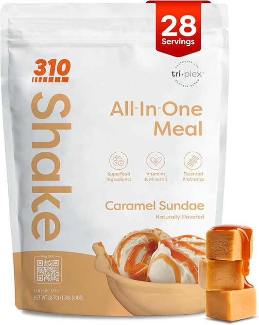 310 Nutrition All-In-One Meal Replacement Shake Powder - Plant-Based Protein Smoothie Blend w/High Fiber, Probiotics & Adaptogens - Low Carb, Vegan, Keto & Paleo Friendly - Caramel Sundae - 28 Srv