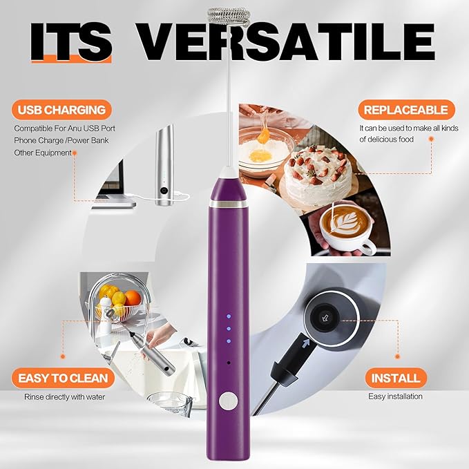 Milk Frother Rechargeable Handheld Electric Whisk Coffee Frother Mixer with 3 Stainless whisks 3 Speed Adjustable Foam Maker Blender for Coffee Matcha Latte Cappuccino Hot Chocolate(Purple)
