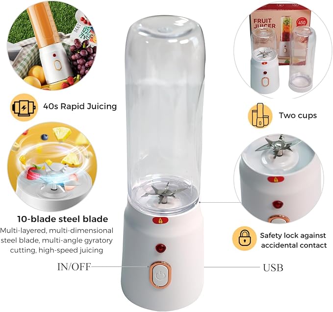 Mini Juicer Blender Portable, Personal Size for Smoothies and Shakes, 500 ML, USB Rechargeable, Fresh Juicer Cup, Two Bottle, Home, Kitchen, Gym, Office, Travel, Easy to Clean