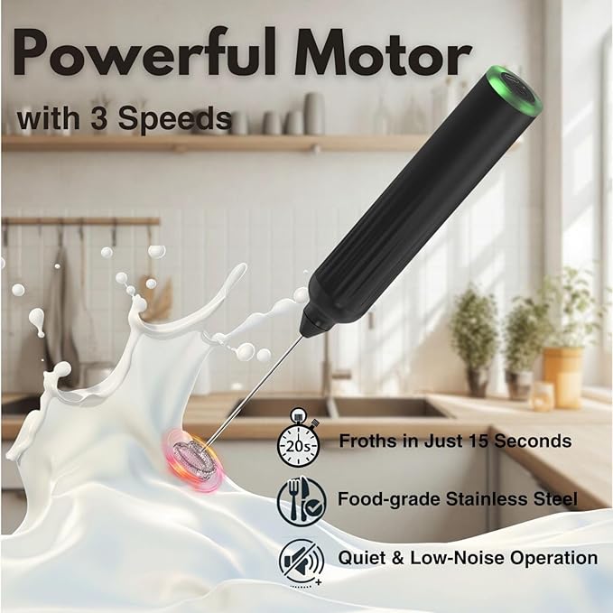 Milk Frother Handheld,3-Speed Rechargeable Coffee Foamer Drink Whisk with 3 Stainless Steel Heads Electric USB C Whisk for Coffee, Latte, Cappuccino, Hot Chocolate, Protein,Egg light Black