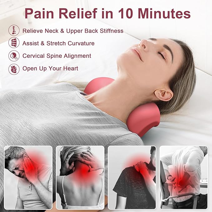 Neck and Shoulder Relaxer with Upper Back Massage Point, Cervical Traction Device Neck Stretcher for TMJ Pain Relief and Cervical Spine Alignment Chiropractic Pillow (Dark Pink)