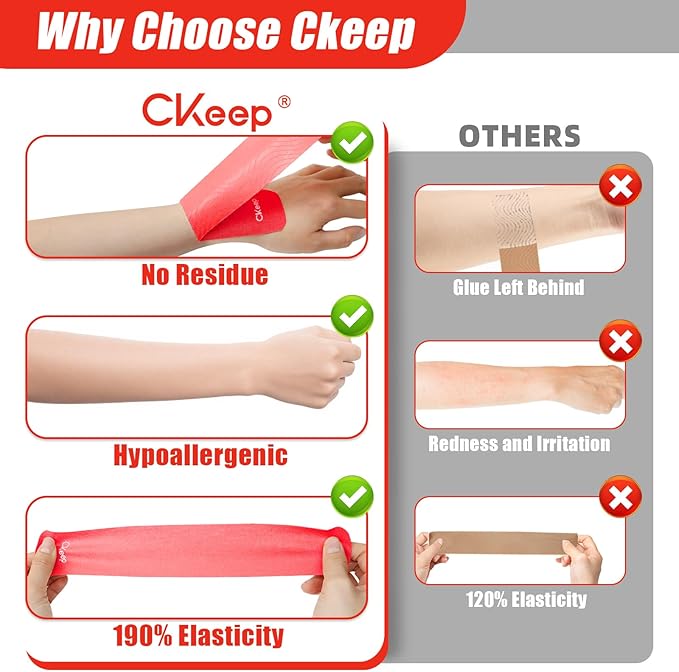 CKeep 4 Rolls Kinesiology Tape, Original Cotton Elastic Athletic Tape, 20 Precut 10" Strips Each, Red, Ideal for Muscle Support & Injury Prevention