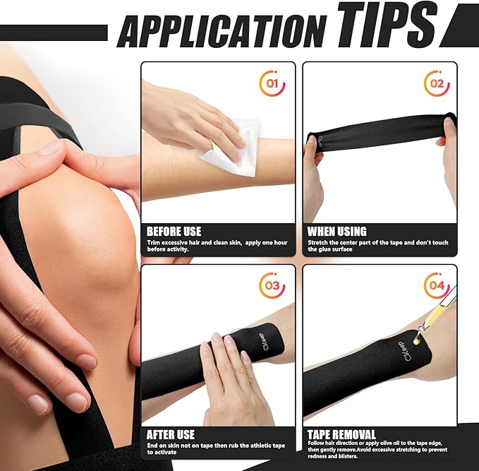 CKeep 4 Rolls Kinesiology Tape, Original Cotton Elastic Athletic Tape, 20 Precut 10" Strips Each, Black, Ideal for Muscle Support & Injury Prevention