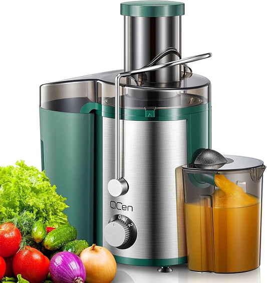 QCen Juicer Machine, 800W Centrifugal Juicer Extractor with Wide Mouth 3” Feed Chute for Fruit Vegetable, Easy to Clean, Stainless Steel, BPA-free (Green)