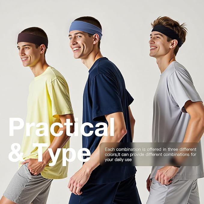 Braylin Men's Headband, 3-Pack Men's Sweatband, Sports Headband for Running, Cycling, Basketball, Fitness Workout, Unisex Headbands