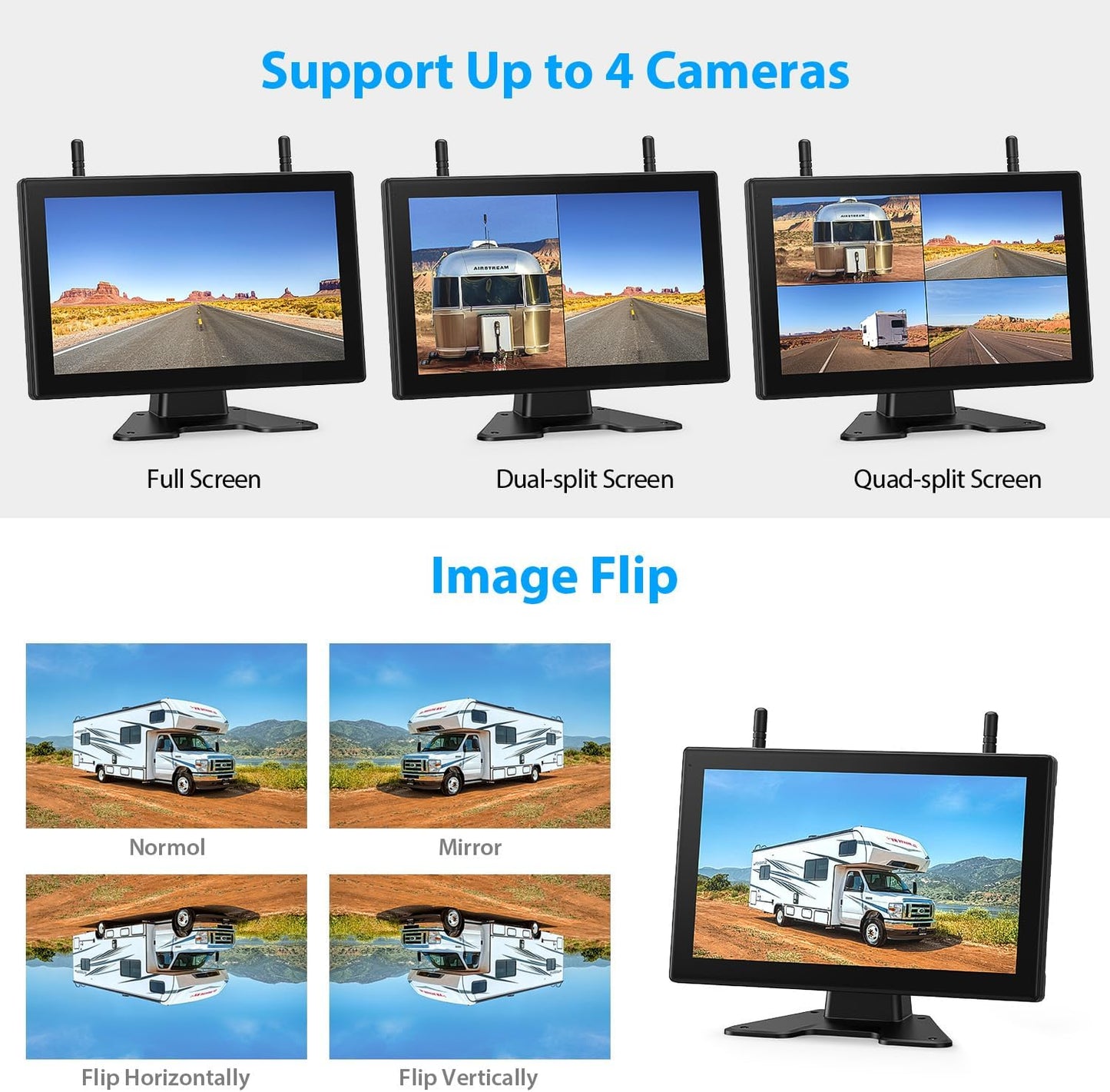 4 Magnetic Solar Wireless Backup Camera HD1080P DVR 10.1" Touchscreen Monitor, Quad RV Rearview Backup Cameras Wireless System for RV Trailer Tractor, Built-in 9600mAh Solar Battery, BL104