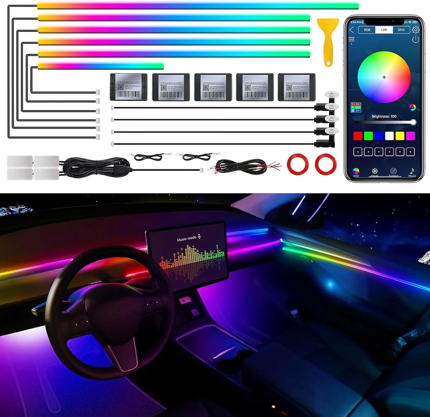 Dream+Color Acrylic Interior Car LED Strip Light with Wireless APP, RGB 14 in 1 with 175 inches 593 Neon Ambient Lighting Kits, Dynamic Chasing Music Sync LEDs Fiber Optic Strip Lights for Car
