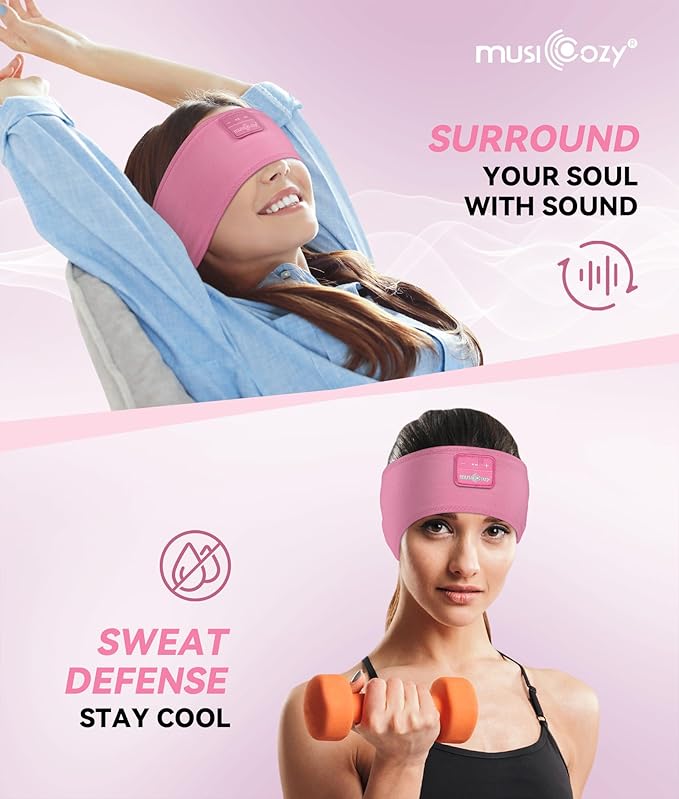 MUSICOZY Sleep Headphones Headband Bluetooth 5.4 Wireless Headband Headphones for Sleeping for Side Sleeper with Ultra-Thin HD Stero Speaker for Workout(Pink)