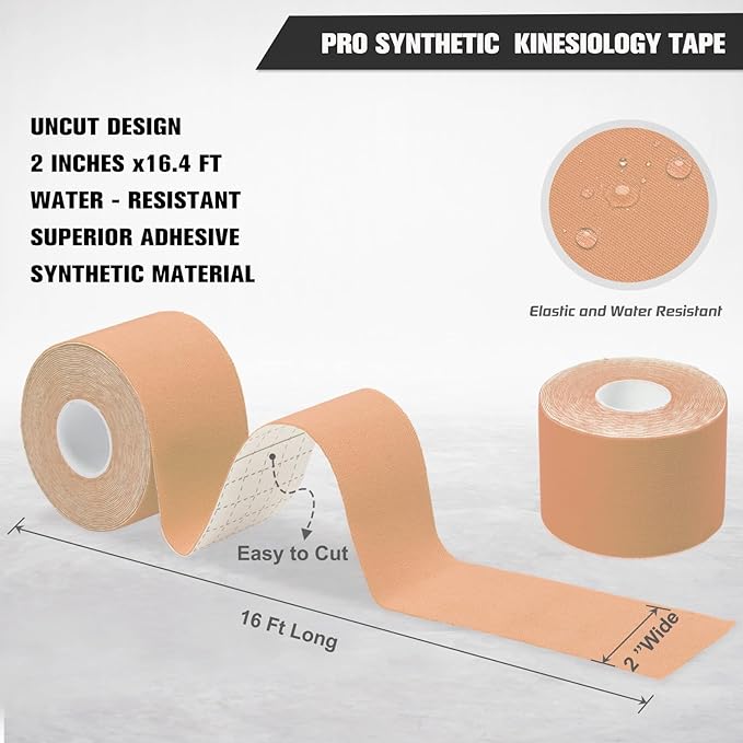 Pro Synthetic Kinesiology Tape 1 Roll, Athletic Sports Tape for Muscle Joint Support, Pain Relief for Knee Elbow Wrist Ankle, 2 in x 16.4 Ft, Beige