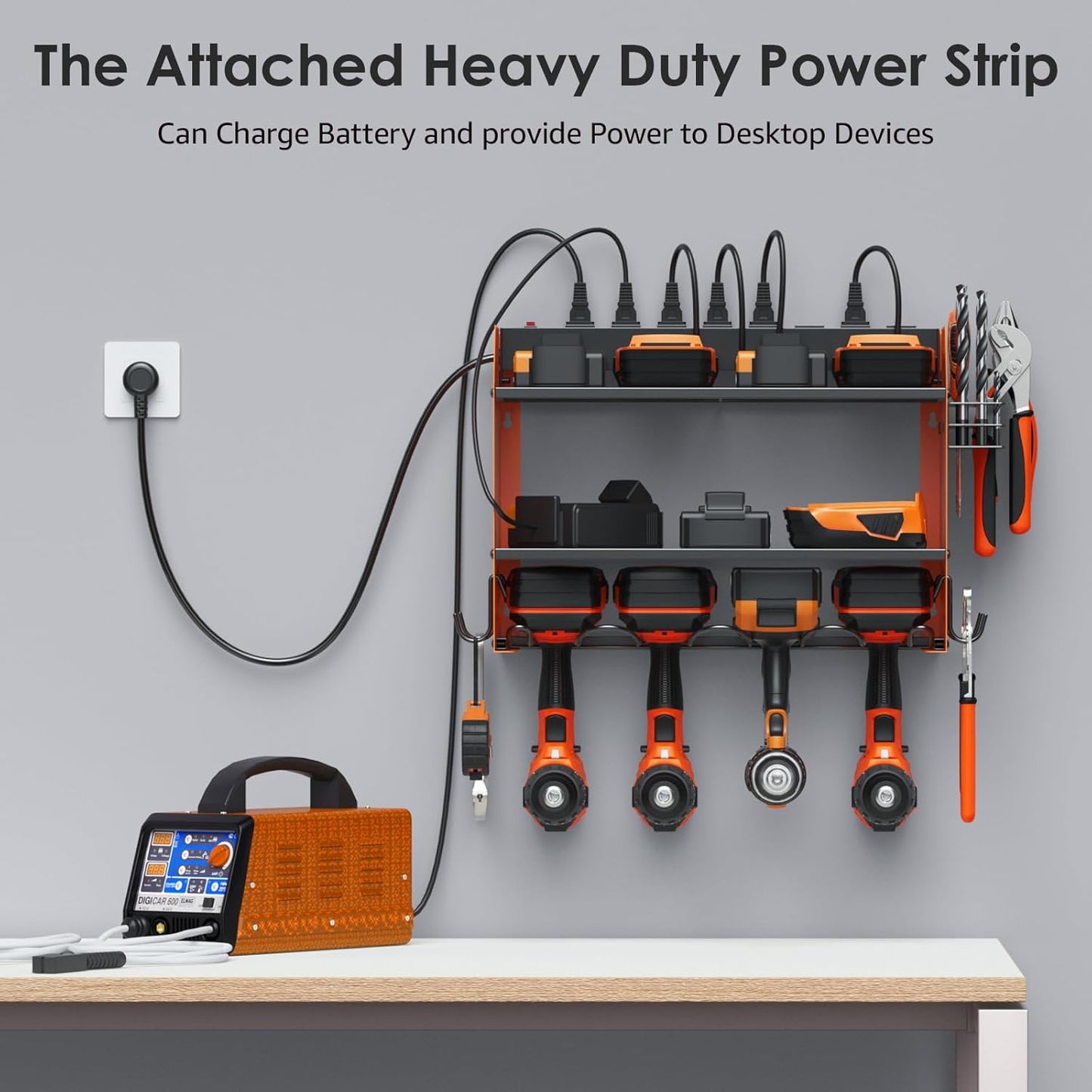 CCCEI Set Power Tool Organizer Wall Mount with Charging Station. Garage 4 Drill Storage Shelf with Hooks, Heavy Duty Metal Tool Battery Charger Organizer. Shop Utility Rack with Power Strip Orange.