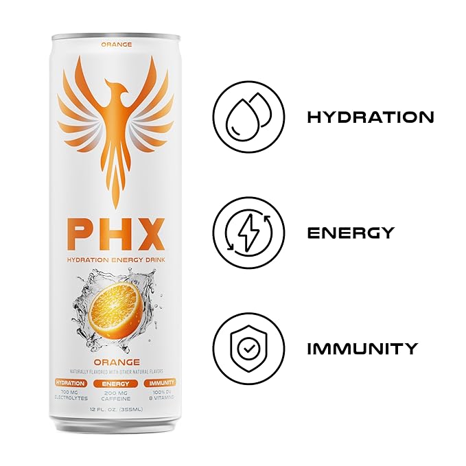 PHX Hydration Energy Drink - 700mg Electrolytes, 200mg Natural Green Tea Caffeine, 100% Daily Value 8 Essential Vitamins - 12 oz Cans (12 Pack) (12 Pack, Orange)