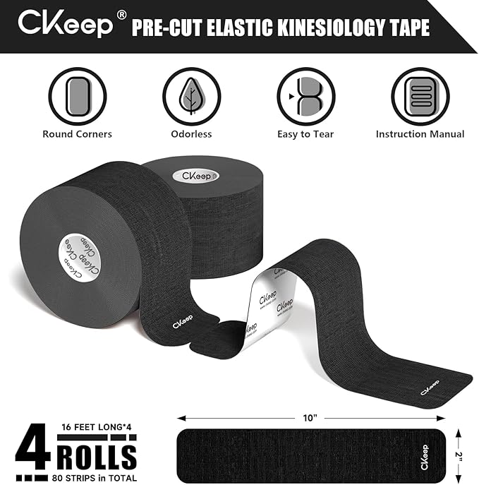CKeep 4 Rolls Kinesiology Tape, Original Cotton Elastic Athletic Tape, 20 Precut 10" Strips Each, Black, Ideal for Muscle Support & Injury Prevention