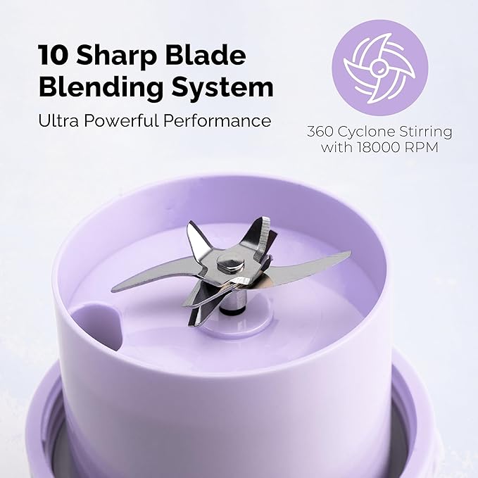 Personal Portable Blender For Shakes & Smoothies, Leakproof & Stylish Portable Mason Jar Shaker, Rechargeable Mini Blender with 10-Blade Blending System 14oz, Purple