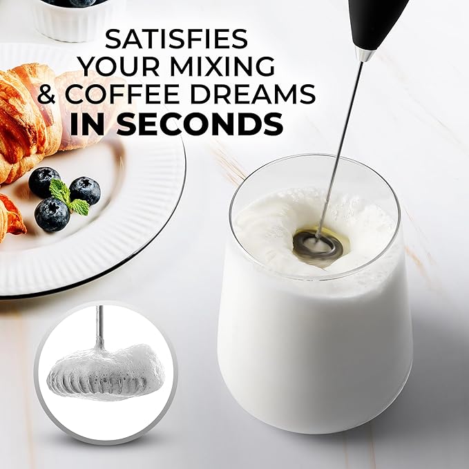 Zulay Powerful Milk Frother for Coffee with Powerful Motor - Handheld Frother Electric Whisk, Milk Foamer, Mini Mixer and Coffee Blender Frother for Latte, Matcha, No Stand - Metallic Black