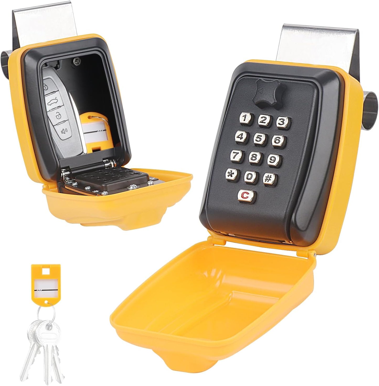 Car Window Punch Button Lock Box, Yellow Portable Car Key Lock Box with Key Labeling Tag, Sturdy Waterproof Large Capacity Lock Box for Turo, Ride Share, GetAround