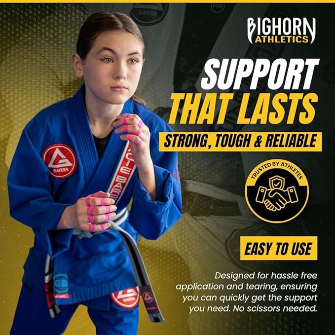 Bighorn Athletics Jiu Jitsu Finger Tape | Residue-Free Athletic Finger Tape for Sports & Injuries: Rock Climbing, Volleyball, Football, Basketball, Hands & Toes | 0.3-Inch x 45-feet, 8-Rolls, Pink