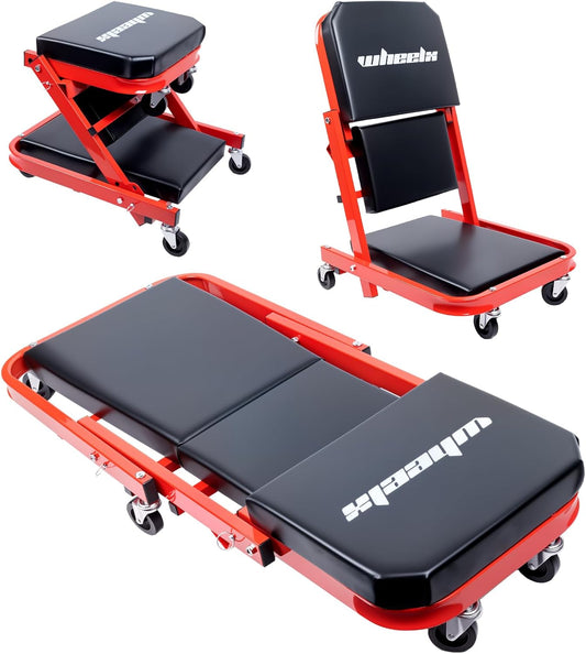 Mechanic Creeper 40inches 3-in-1 Z Seat 480lbs Capacity, Foldable Garage Chair Adjustable Rolling Folding with 6pcs Wheels Roller, Lay Down Sit Lean Back, Under Car Shop Auto Repair Man Gift