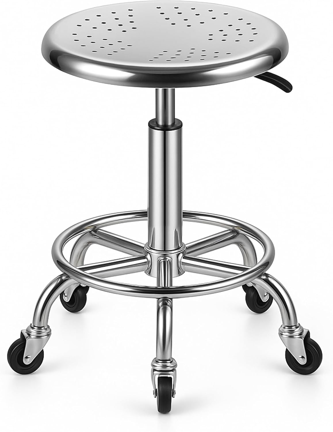 Rolling Stool, Stainless Steel Workbench Stool, Adjustable Swivel Stool Medical 5 Wheels, 304 Stainless Steel Structure Laboratory Round Pad, Load Capacity 445 lbs (Silver)