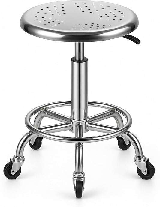 Rolling Stool, Stainless Steel Workbench Stool, Adjustable Swivel Stool Medical 5 Wheels, 304 Stainless Steel Structure Laboratory Round Pad, Load Capacity 445 lbs (Silver)