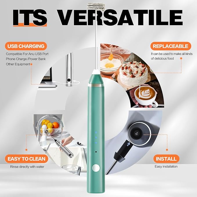Milk Frother Rechargeable Handheld Electric Whisk Coffee Frother Mixer with 3 Stainless whisks 3 Speed Adjustable Foam Maker Blender for Coffee Matcha Latte Cappuccino Hot Chocolate（Green)