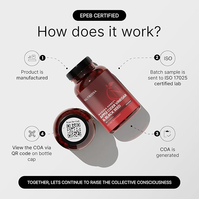 Nutriissa - Apple Cider Vinegar + Black Seed Oil + Elder Berry + Manuka Honey Gummies – Cold-Pressed Cumin Seed Nigella Sativa – EPEB Certified for Purity & Potency – 60 Orange Flavored Gummies