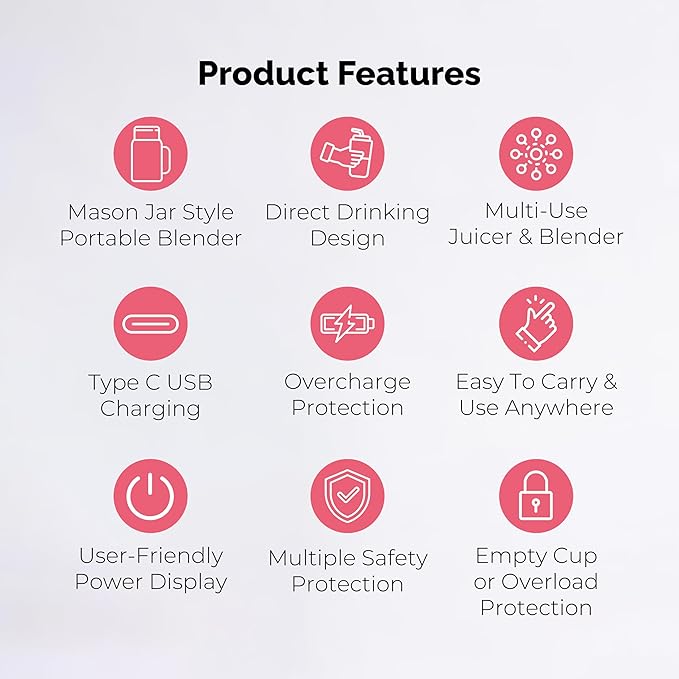 Personal Portable Blender For Shakes & Smoothies, Leakproof & Stylish Portable Mason Jar Shaker, Rechargeable Mini Blender with 10-Blade Blending System 14oz, Pink