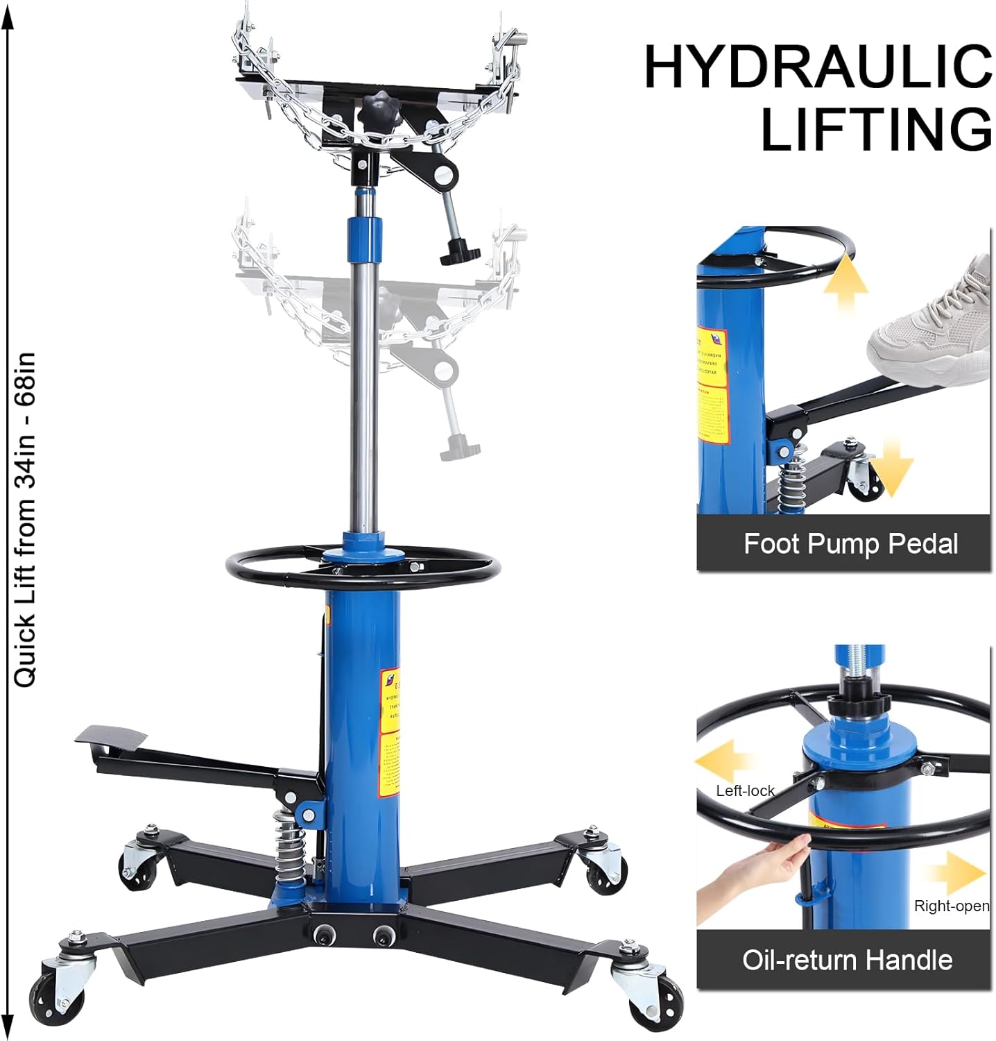 Transmission Jack 1660 lbs/ 0.75 Ton Capacity Hydraulic Telescopic Transmission Jack 34" - 68" Adjustable Height Telescoping Transmission Hydraulic with 360° Swivel Wheels Lift Hoist