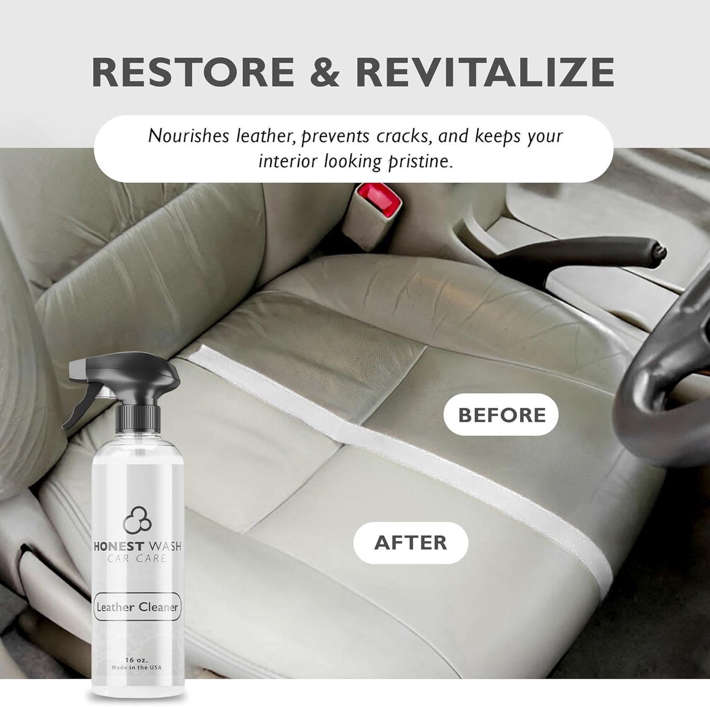 Honest Wash Car Leather Cleaner – Cleans, Conditions, & Restores Leather | Replenishes Natural Oils and Prevents Cracking | Non-Greasy Formula for Seats, Panels, & More | Made in The USA (16 Fl Oz)