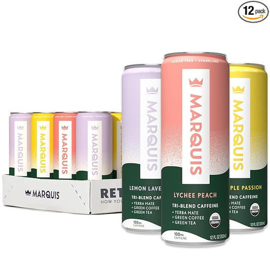 Marquis - Natural Energy Drink - Sugar Free - 0 Calories - 100mg of Organic Plant Based Caffeine - Yerba Mate - Green Tea - Vitamin C & B Vitamins - Vegan - 12 oz Cans - 12 Pack (Innovation Variety)
