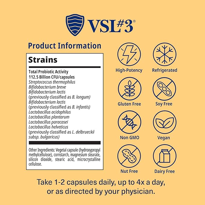 VSL #3® Probiotics for Digestive Health, IBS & UC Symptoms - 112.5B CFUs, High-Potency, Multi-Strain, Live, Refrigerated Probiotic, Medical Food for Gut Health Support in Men & Women, 120 Capsules