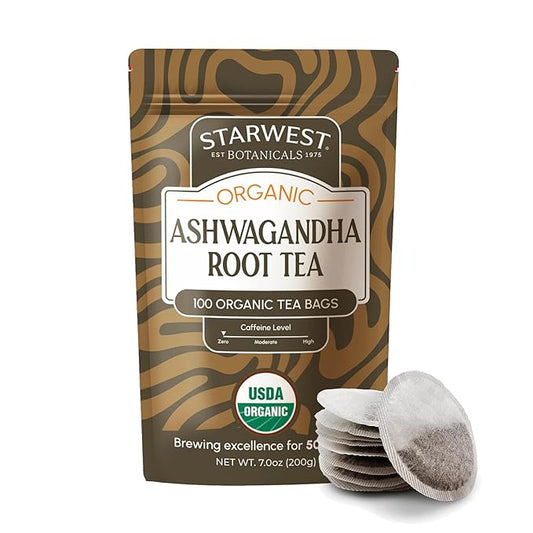 Starwest Botanicals Organic Ashwagandha Tea - Caffeine Free Herbal Tea, String Free Sachets, USDA Organic Ashwagandha Root, Non GMO - Bulk Pack, 100 Tea Bags