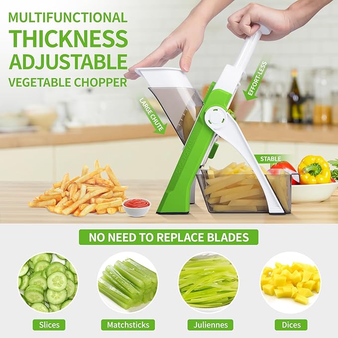 Safe Mandoline Slicer for Kitchen, Professional Vegetable Chopper With Container, Onion Chopper/Potato Slicer, More with 30+ Presets & Thickness Adjuster, Faster Food Chopper Gadgets - Green