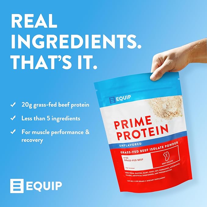 Equip Foods Prime Protein Powder | Clean, Grass Fed Beef Protein Isolate | Carnivore Protein Powder | Paleo, Keto Friendly | Gluten, Dairy Free | Helps Build & Repair Tissue | 30 Servings, Unflavored