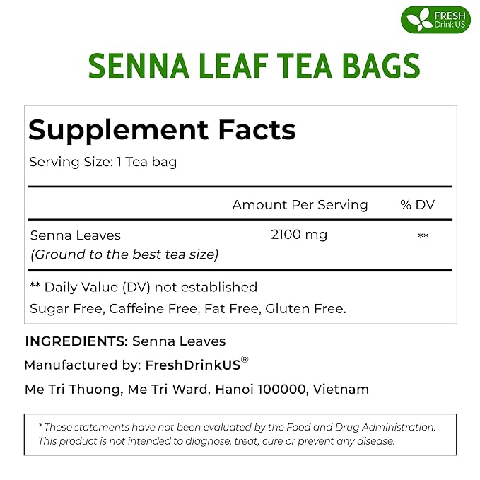 FreshDrinkUS, Permium 4.5oz Senna Leaves, 100% Natural & Pure from Senna Leaves, Senna Leaf Tea, Senna Loose Leaf Herbal Tea, No Additives, No Caffeine, Vegan