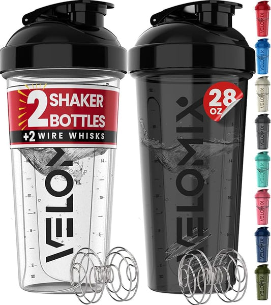'-2 Pack- 28 oz Protein Shaker Bottles for Protein Mixes - 2x Wire Whisk | Leak Proof Shaker Cups for Protein Shakes | Protein Shaker Bottle Pack (Black/Transparent)