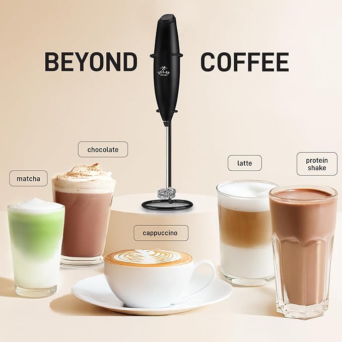 Zulay Kitchen Powerful Double Whisk Milk Frother Handheld - Foam Maker With Stand - Whisk Drink Mixer for Coffee, Mini Foamer for Latte, Matcha, Frappe, Hot Chocolate & Cappuccino (Exec Black)