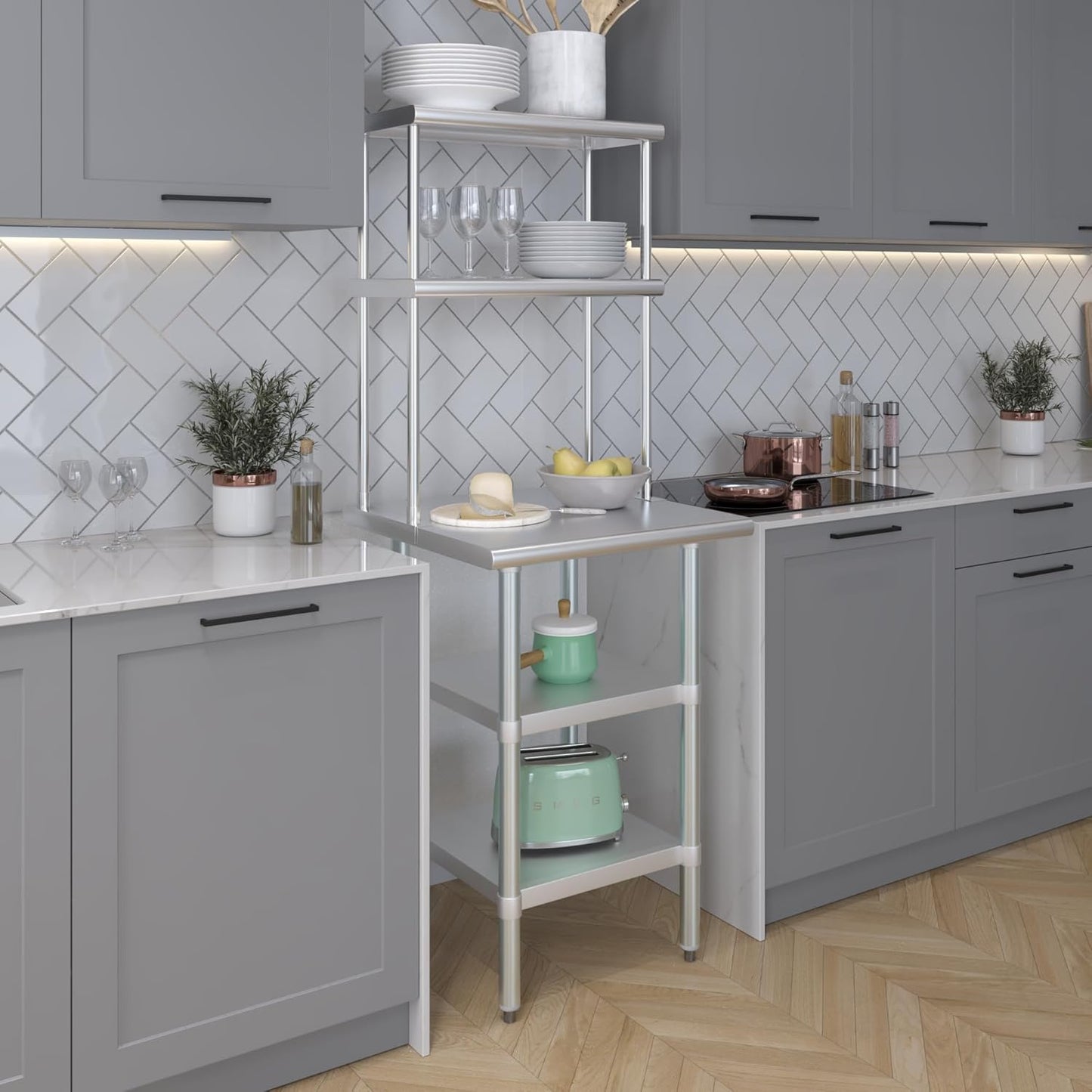 Amgood Stainless Steel Work Table with 2 Shelves | Metal Kitchen Prep Table & Shelving Combo (24" x 24" Table with 2 Shelves + 12" Overshelf)