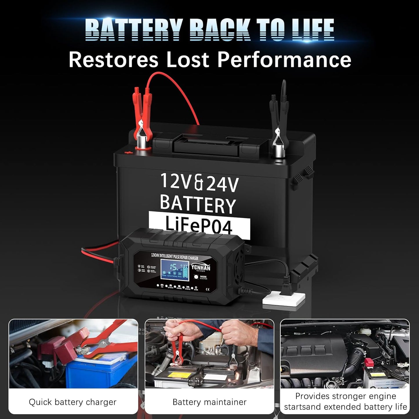 YONHAN 15-Amp Battery Charger LiFePO4 Trickle Car Battery Charger 12V 24V Fully-Automatic Smart Battery Chargers, Lead Acid Portable 9-Stage Smart Battery Maintainer with Temp Compensation(Black)
