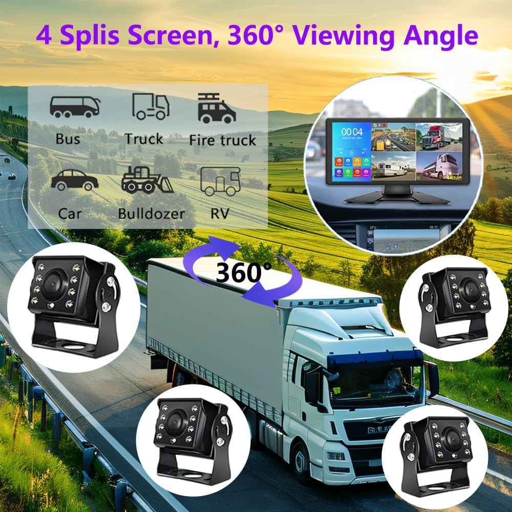 4K RV Backup Camera, 10.36" Touch Screen Monitor for Truck/Van/Trailer DVR Recording with Bluetooth FM MP5 IP69 Waterproof 1080P IR Night Vision Rear Side View Camera