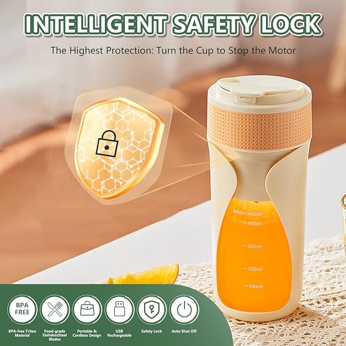Portable Blender Cup- 450ml Multi-Function Blender with Ice-Crushing,Strong Cutting Power with 6 Blades, BPA Free, USB-C Rechargeable,Fruit Veggie Juicer Cup for Home, Sport, Office, Camping (Orange)
