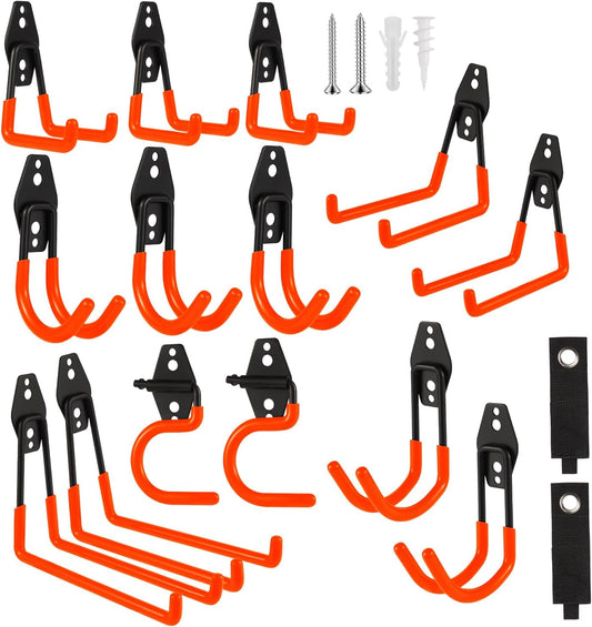 Garage Hook Heavy Duty Wall Storage Hangers, 16 Pack Garage Storage Hooks Steel Tool Organizer Orange for Ladders, Ropes, Garden Tools