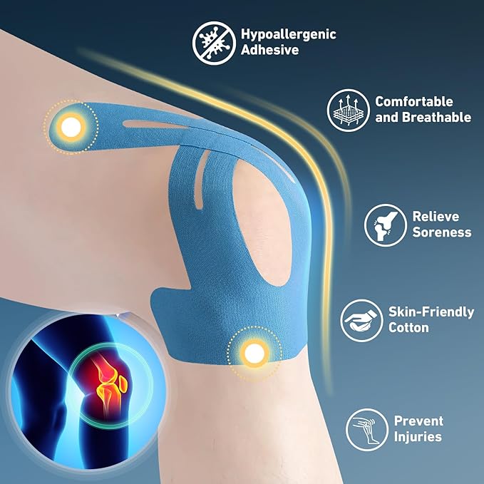 Kinesiology Tape for Knees Pre Cut, 12 PCS Upgrade KTQUICK Knee Tape For Knee Pain Relief Pre Cut, Original Cotton Knee Tape, Flexible & Durable Sports Tape for Support & Comfort During Workouts, Blue