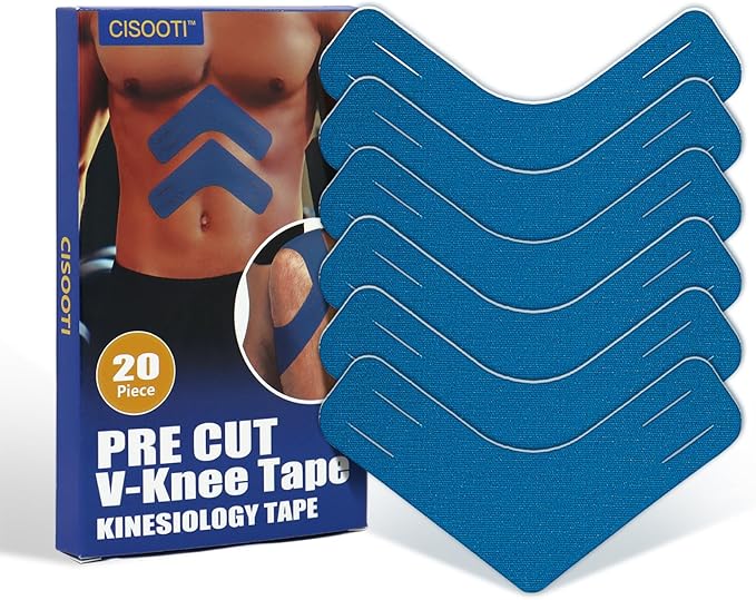 V-Knee Kinesiology Tape Precut Strips – 2 Inch Wide Waterproof Athletic Tape for Shoulders, Knees, and Muscles, Versatile Body Tape, 20 Count (Blue Color)