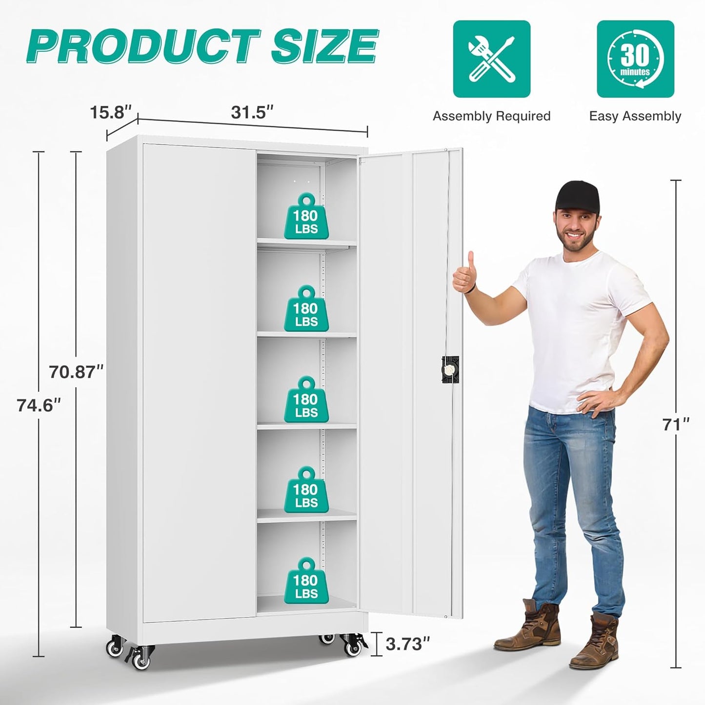 75" Tall Metal Storage Cabinet with Wheels,Rolling Garage Storage Cabinet with Lock,White Metal Cabinets with Wheels and Shelves,Tool Cabinets on Roller for Garage,Home,Office,Shop
