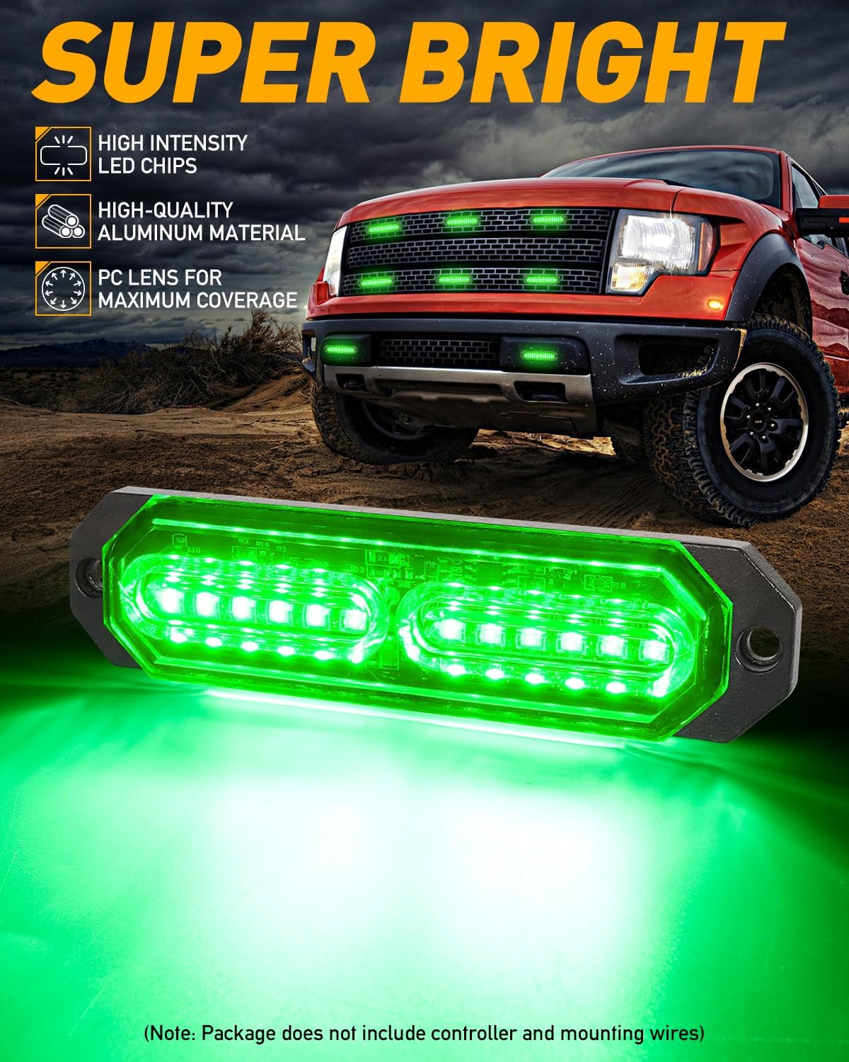 HLauto 1200T Emergency Strobe Grille Lights: 8pcs 12 LED Sync Feature Safety Warning Flashing Lights, Ultra Slim Surface Mount Hazard Caution Lights for Trucks, Vehicles, Car, ATV, UTV (Green)
