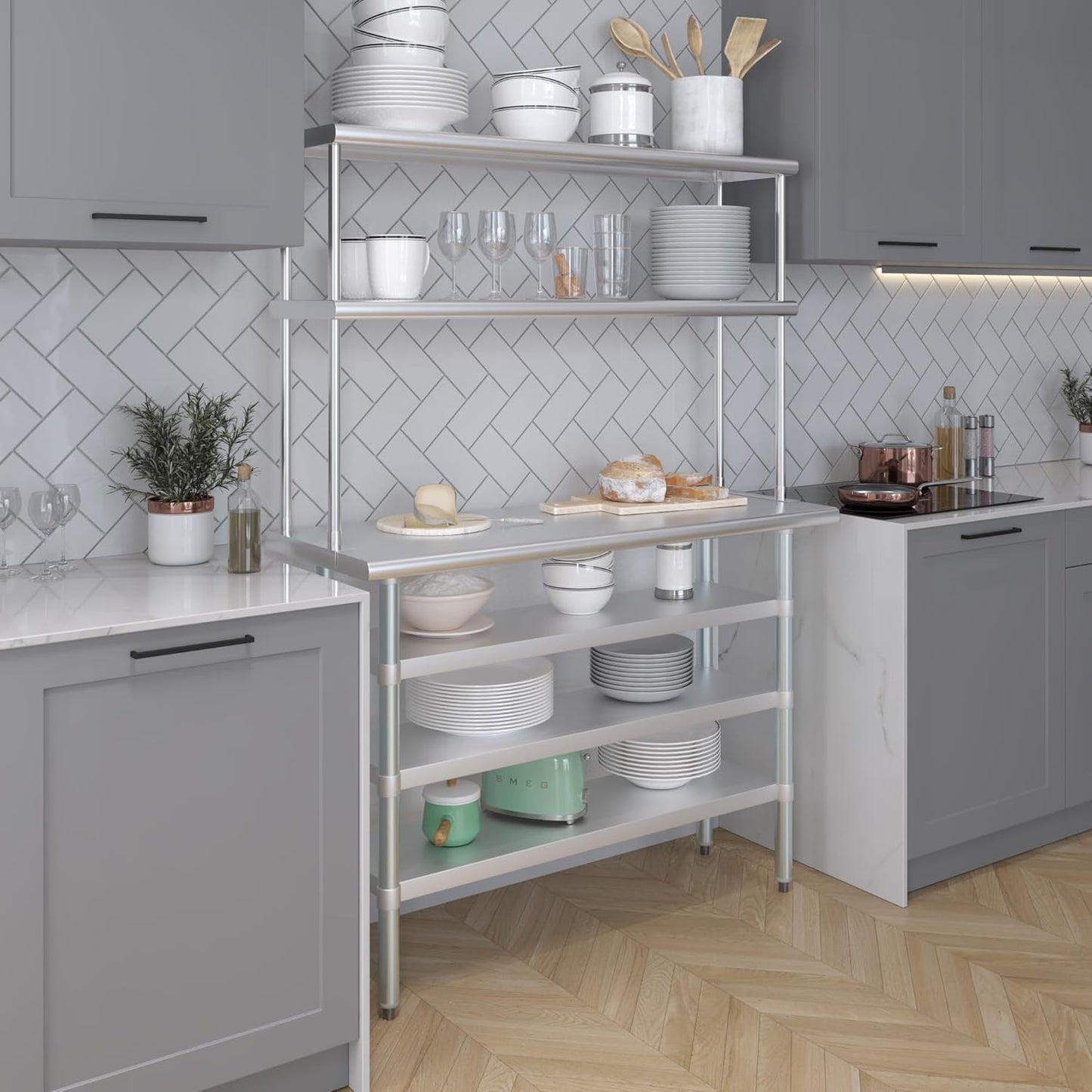 Amgood 18" x 48" Stainless Steel Work Table with 3 Shelves and 12" Wide Double Tier Overshelf | Metal Kitchen Prep Table & Shelving Combo | NSF