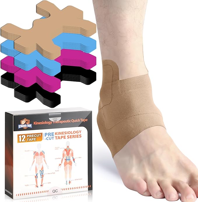 Kinesiology Tape for Ankle, KTQUICK 12 Count Ankle Tape Precut, Original Cotton Waterproof & Breathable, Enhance Elastic Kinesiology Athletic Tape for Ankle Support and Muscle to More Sports (Beige)