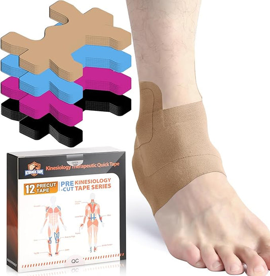 Kinesiology Tape for Ankle, KTQUICK 12 Count Ankle Tape Precut, Original Cotton Waterproof & Breathable, Enhance Elastic Kinesiology Athletic Tape for Ankle Support and Muscle to More Sports (Beige)