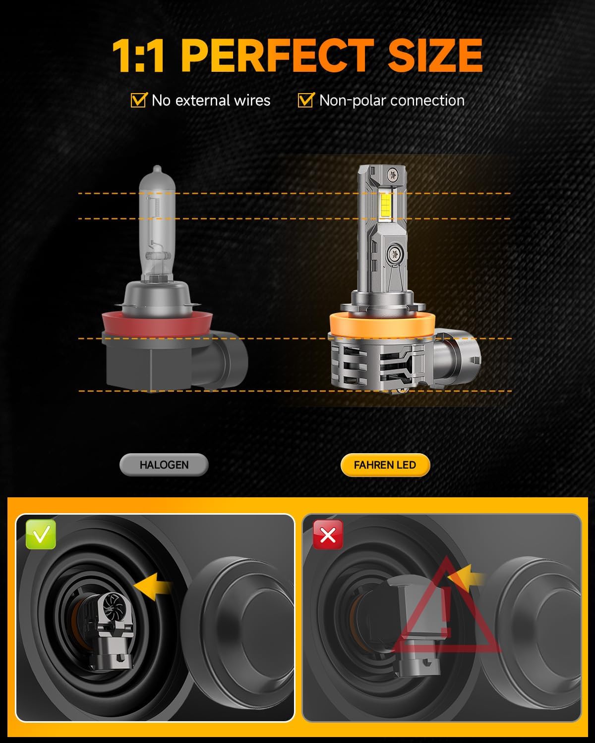 FAHREN Upgraded H11/H9/H8 Light Bulb, 40000LM Ultra-Bright Real 1:1 Mini Size H11, 6500K Cool White H11 light, Quick Install No Adapter Needed, Pack of 2